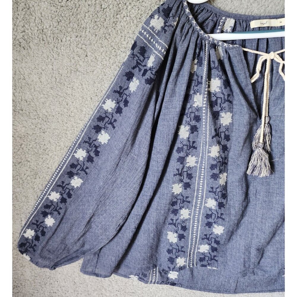 Hazel Women's Long Balloon Sleeve Tie V Neck Oversized Top Embroidered Blue Sz M - Picture 6 of 15
